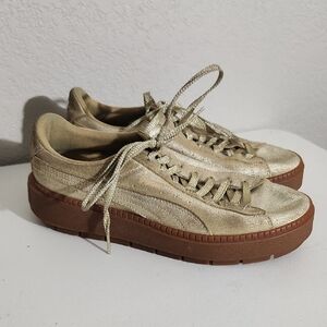 Puma Gold Metallic Platform Sneakers with Brown Gum Sole